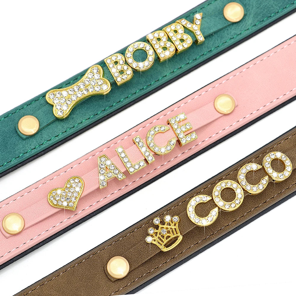 Custom Leather Dog Collar with Personalized Name & Bling Rhinestones