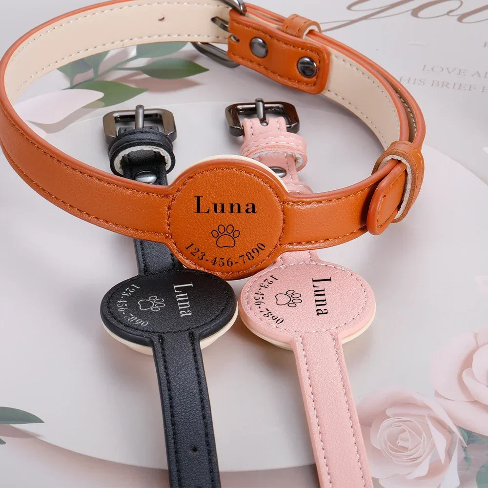 Personalized Leather Pet Collar with Airtag Protective Case