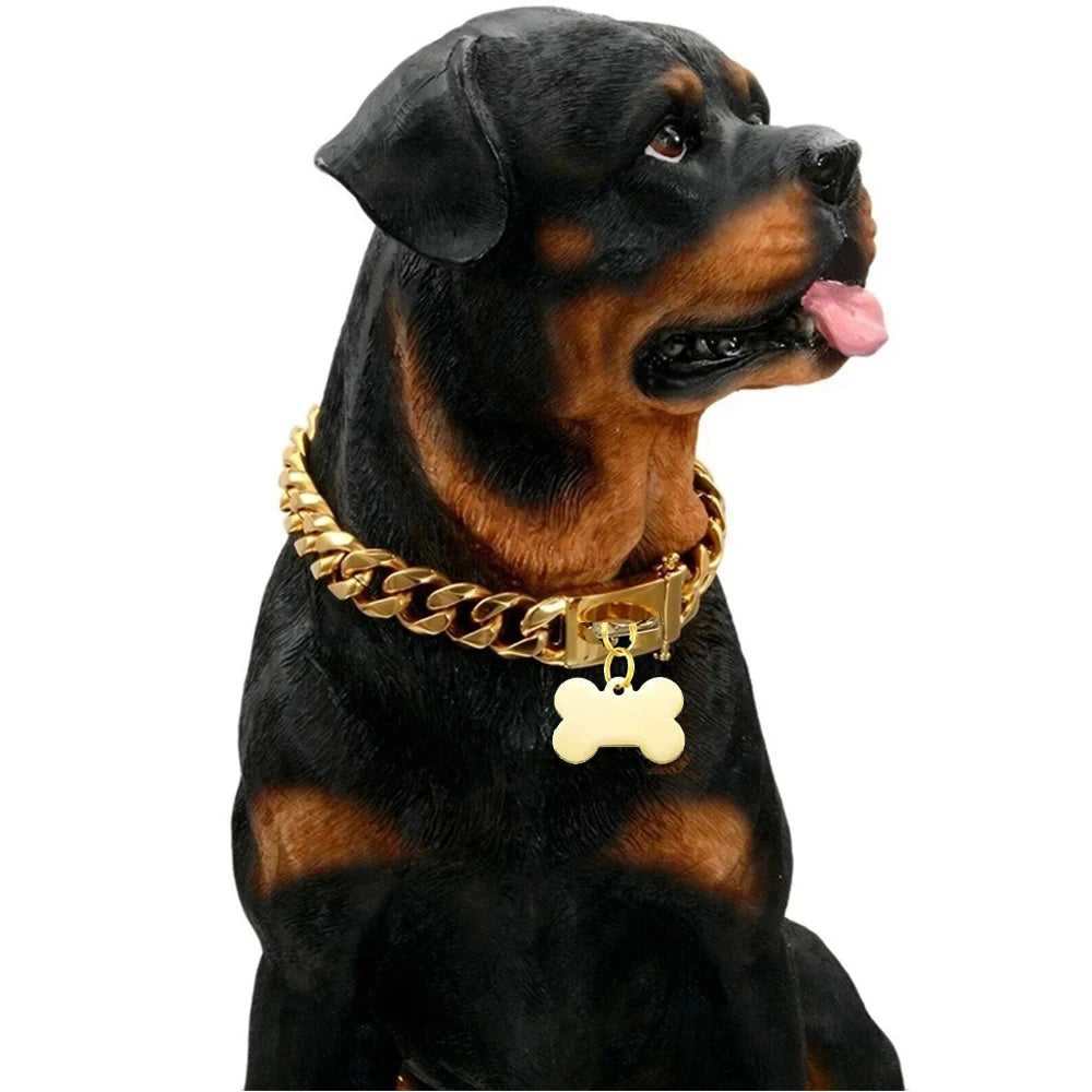 Gold Dog Collar Stainless Steel Cuban Link Chain