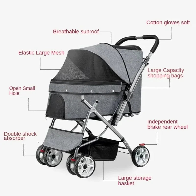 4-Wheel Foldable Pet Stroller with Storage