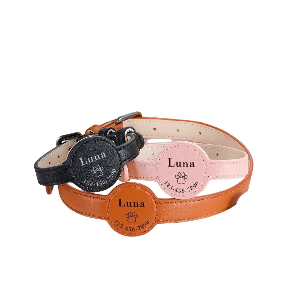 Personalized Leather Pet Collar with Airtag Protective Case