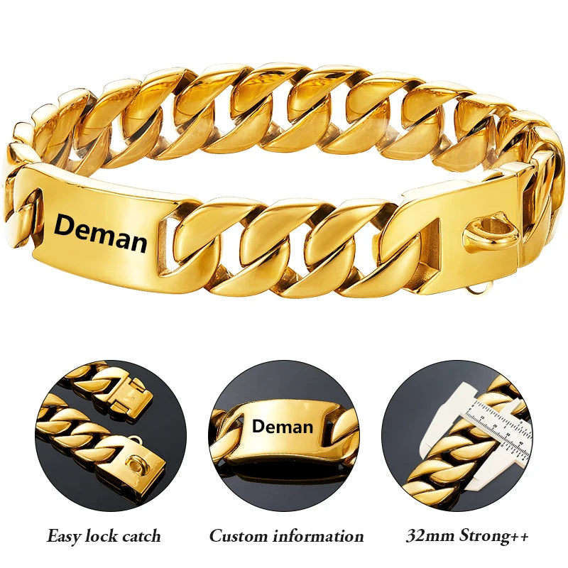 Personalized Wide Gold Chain Dog Collar