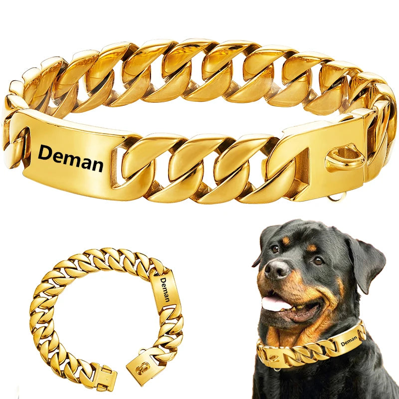 Personalized Wide Gold Chain Dog Collar