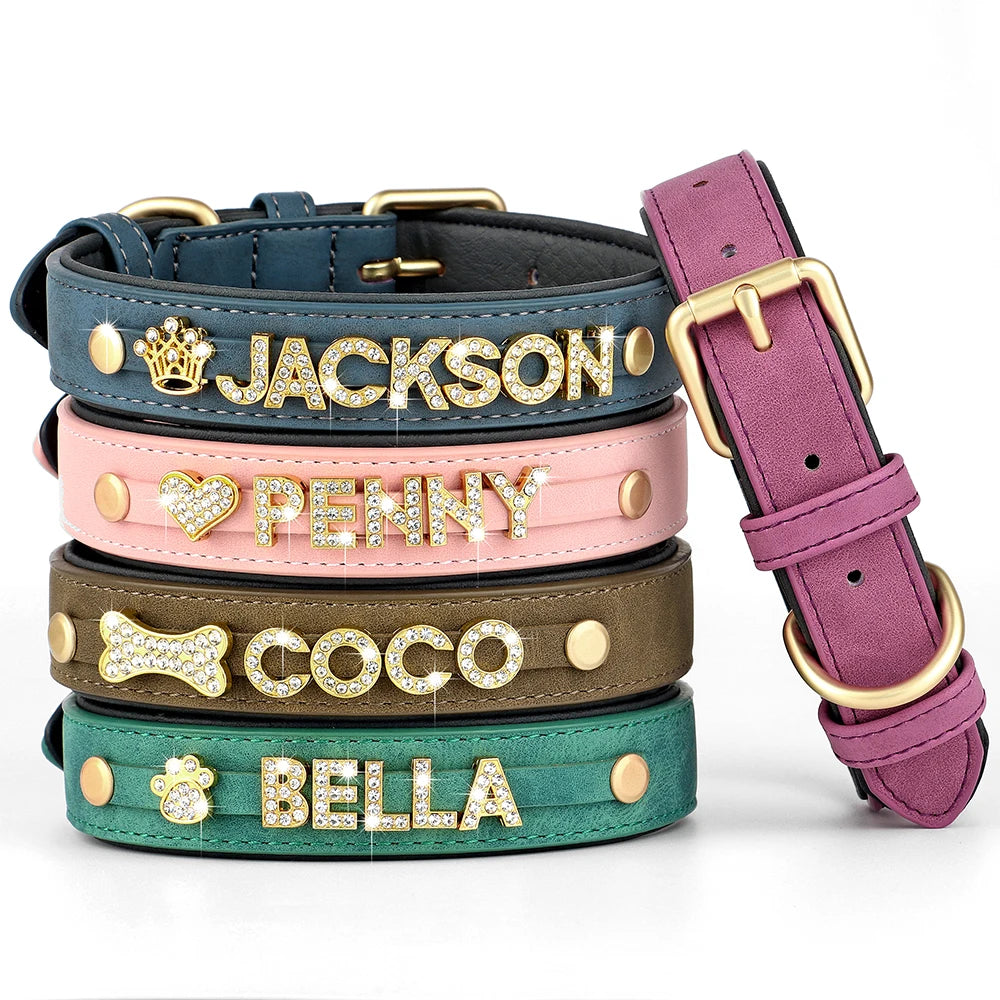 Custom Leather Dog Collar with Personalized Name & Bling Rhinestones